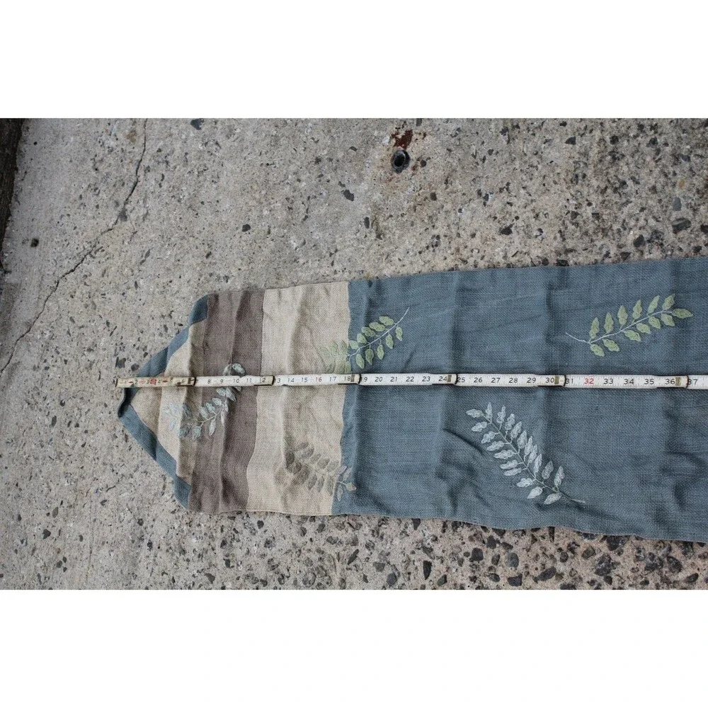 Pier 1 Imports Table Runner Jute Cotton Blue Green Leaves Embroidered 65